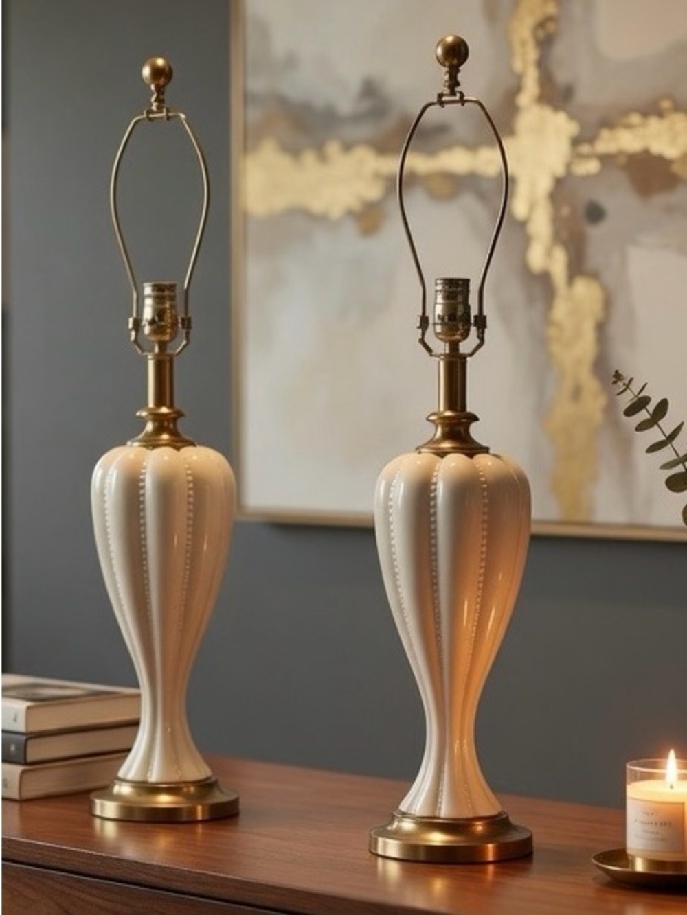 Pair of Lenox Table Lamps by Quoizel — White Porcelain with Bronze — Elegant